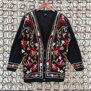 Vintage panther moody black red gold floral button down cardigan sweater LARGE?
